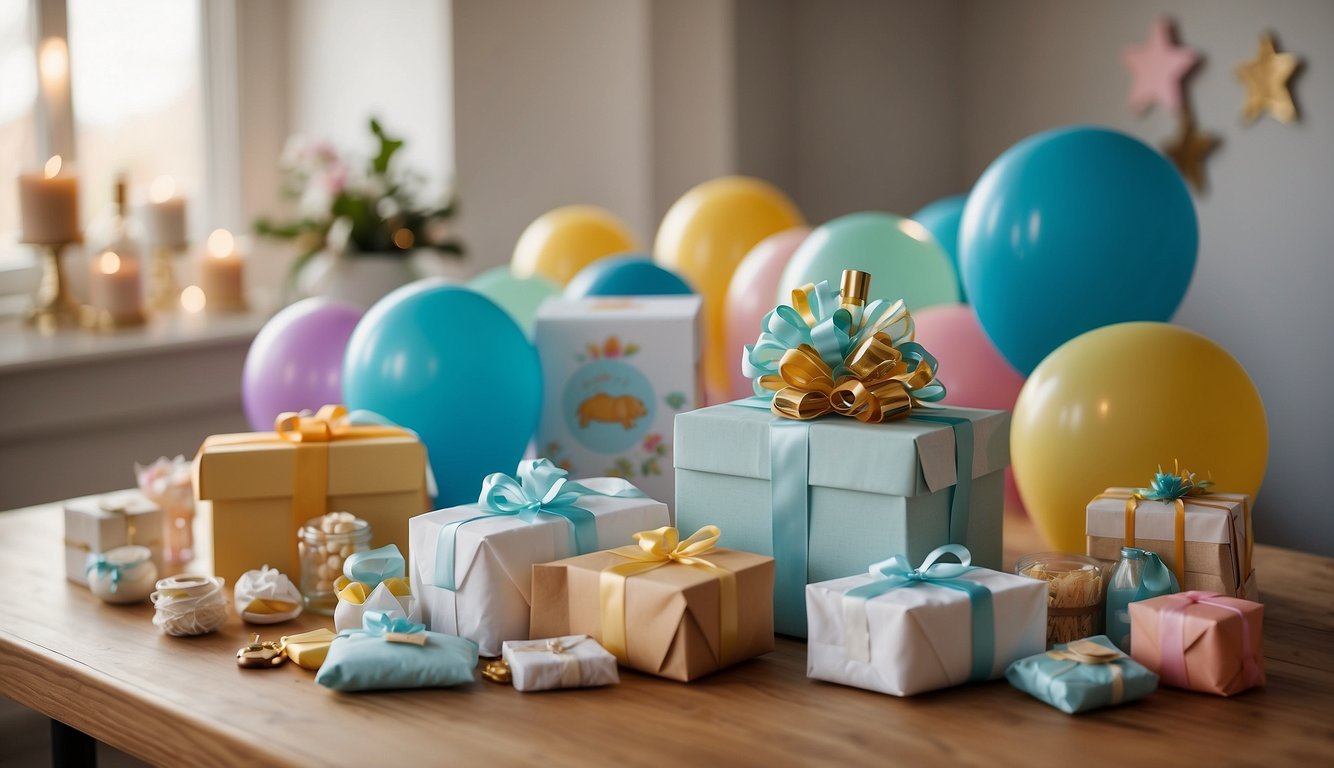 A group of colorful, festive baby shower games and activities spread out on a table, including guessing games, diaper decorating, and gift opening