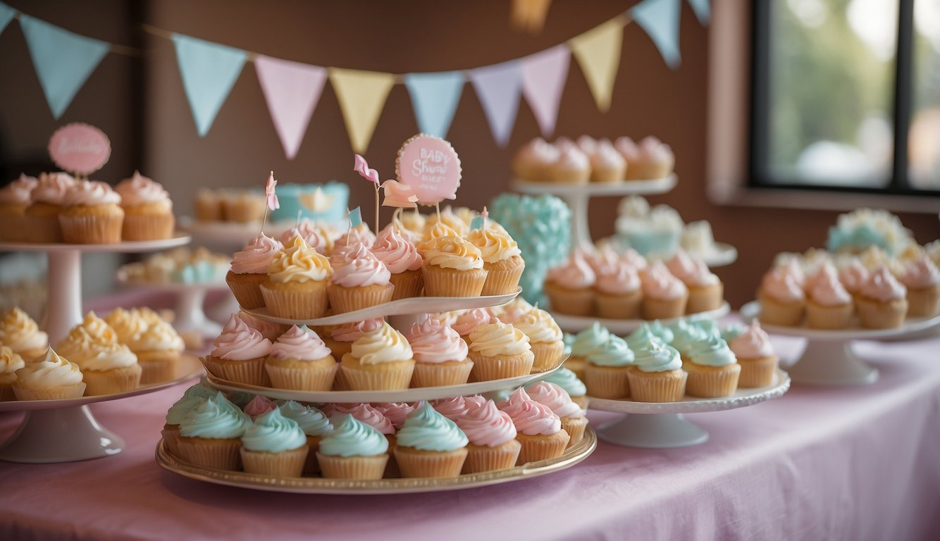 A table filled with pastel-colored cupcakes, finger sandwiches, and mini quiches. A banner with the words "Baby Shower" hangs above the spread