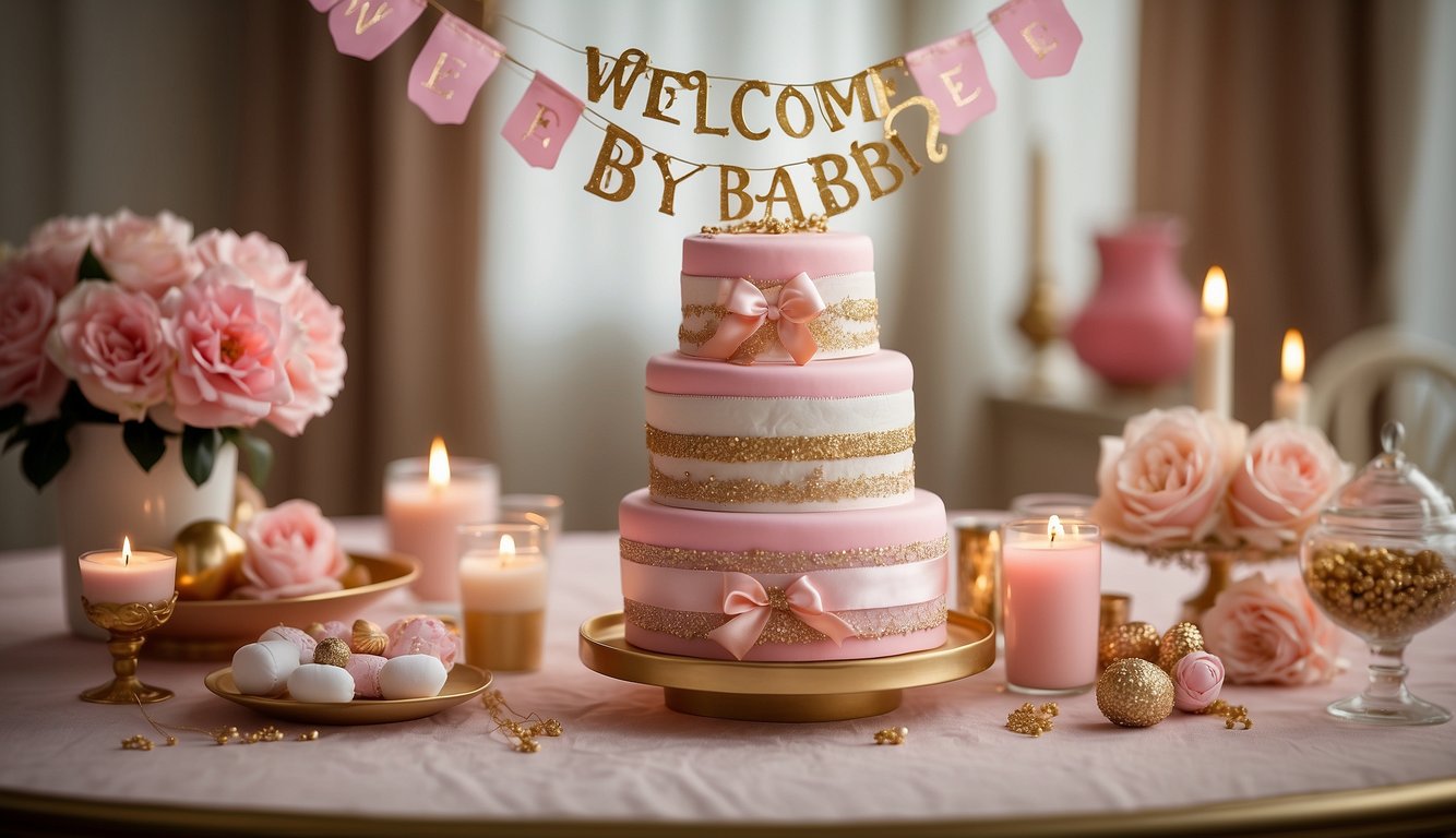 A table adorned with pink and gold decorations, a whimsical diaper cake centerpiece, and a banner spelling out "Welcome Baby Girl" in elegant calligraphy
Baby Girl Shower Ideas