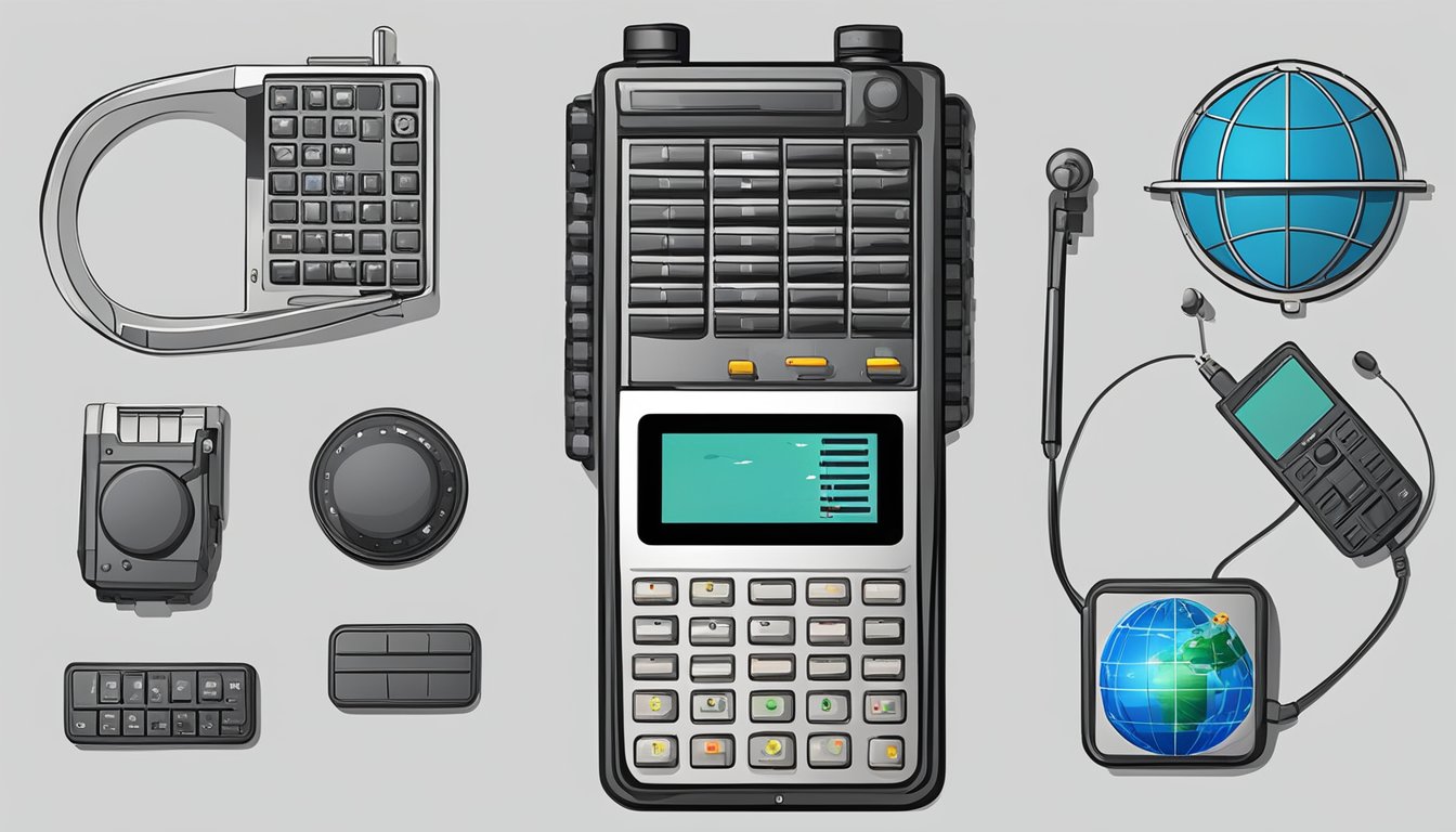 A satellite phone connects to orbiting satellites for communication. It has an antenna, keypad, display screen, and speaker. The phone sends signals to the satellite for transmission
