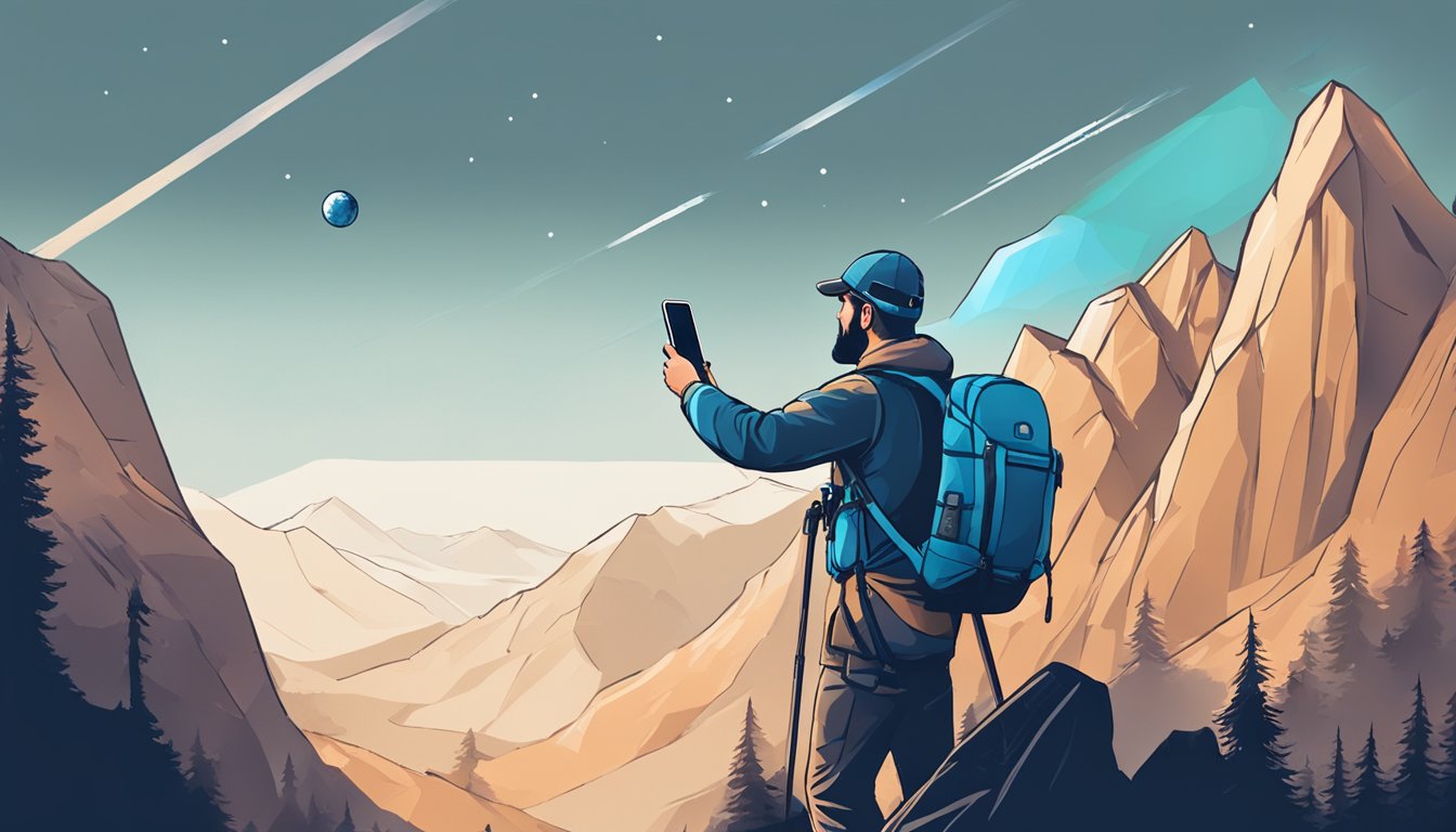 A mountain hiker holds a satellite phone, pointing it towards the sky. The phone connects to a satellite, enabling communication in remote areas