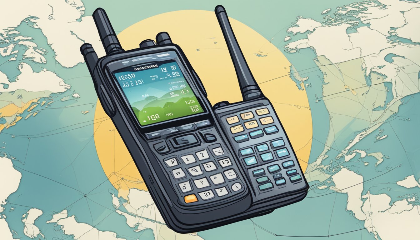 A satellite phone connects to orbiting satellites for communication. It has a small antenna and keypad for dialing. The phone's display shows signal strength and battery life