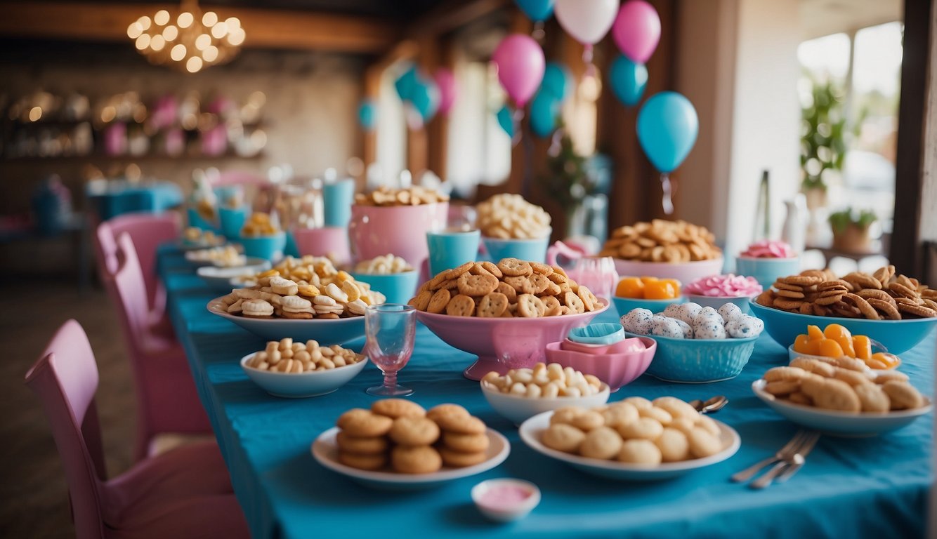 Colorful banners hang above a table filled with treats and gifts. Guests play games and chat while sipping on drinks. Blue and pink decor adds a festive touch to the room Baby Girl Baby Shower Theme Ideas