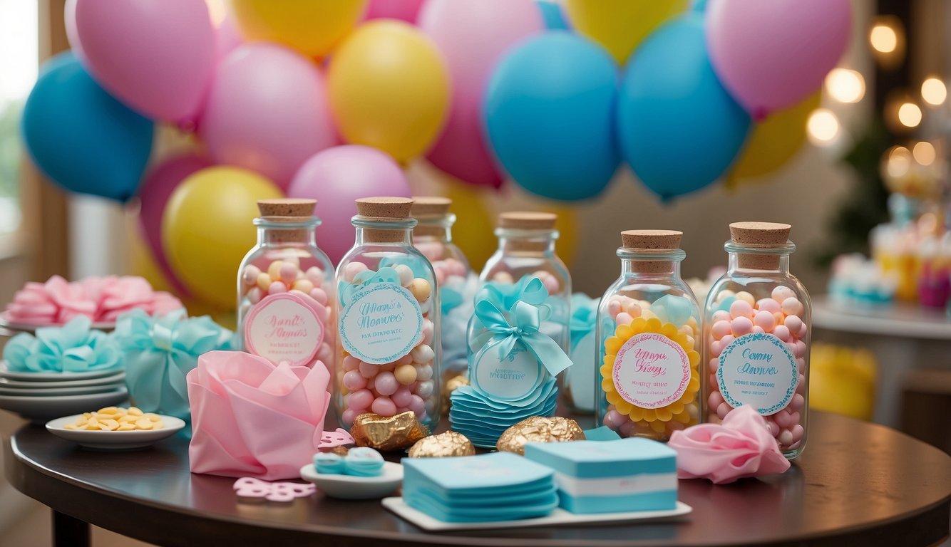 Colorful baby shower favors arranged on a table with a "Momentous Mementos and Party Favors" sign in the background Baby Girl Baby Shower Theme Ideas