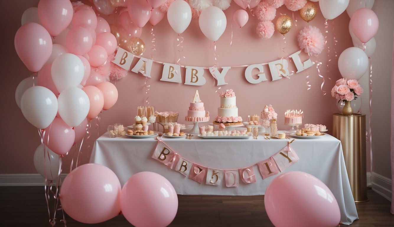 A table adorned with pink and white decorations, surrounded by presents and balloons. A banner reading "Baby Girl" hangs above, while guests mingle and admire the thoughtful theme Baby Girl Baby Shower Theme Ideas