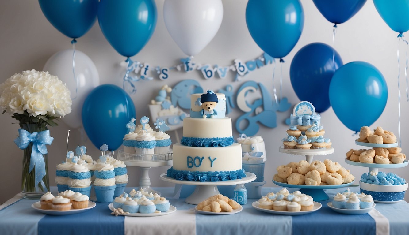 A blue and white color scheme with baby boy-themed decorations like onesies, rattles, and teddy bears. A banner with "It's a Boy!" hangs above a dessert table with a diaper cake centerpiece