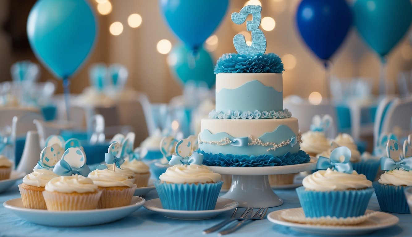 Colorful decorations fill the room, with tables set up for creative baby shower activities. A baby boy theme is evident, with blue and white decor and cute baby-related items