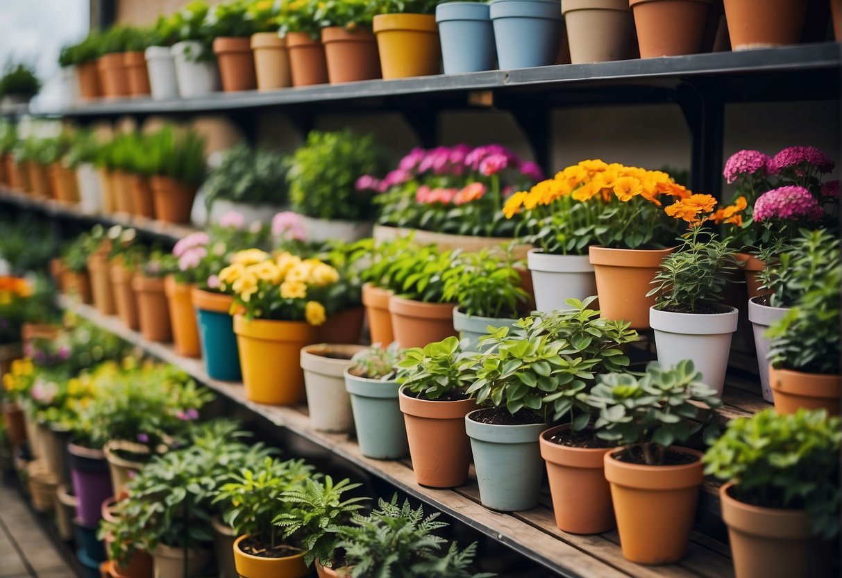 Colorful flower pots arranged on shelves, with price tags and a variety of plants inside, displayed at a garden center