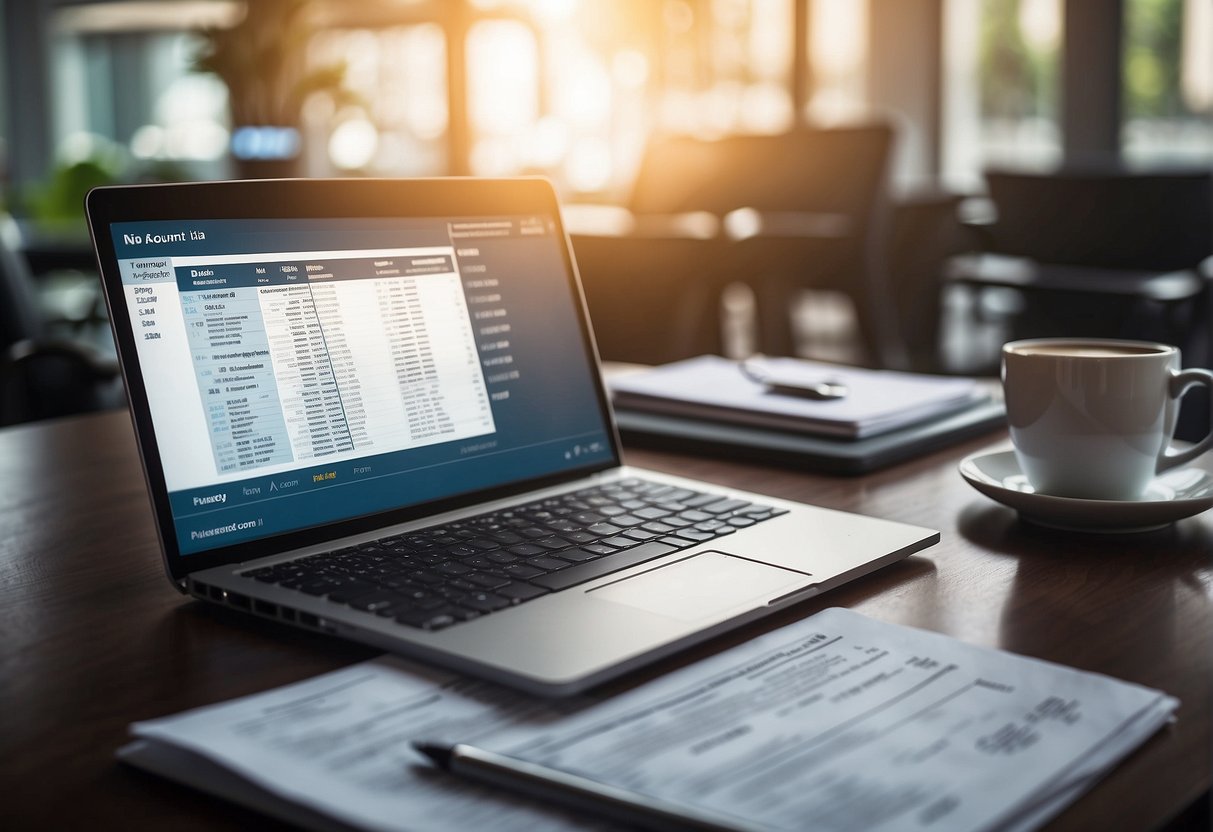 A table with a laptop, paperwork, and a calculator. A demat account opening form and a list of companies in India displayed on the laptop screen