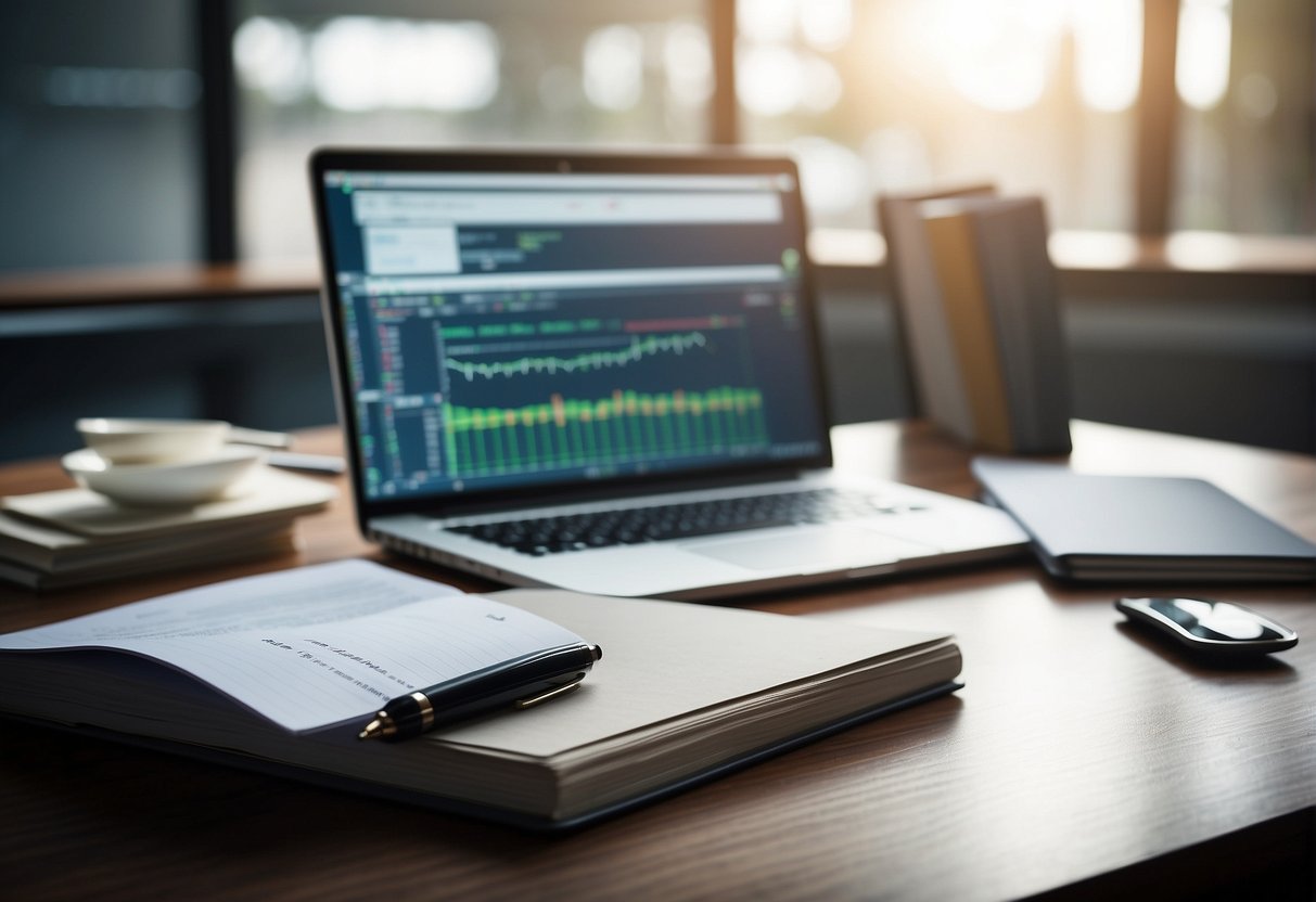 A desk with a computer, pen, and paper. A stack of books on trading. A demat account opening form. Online trading services listed