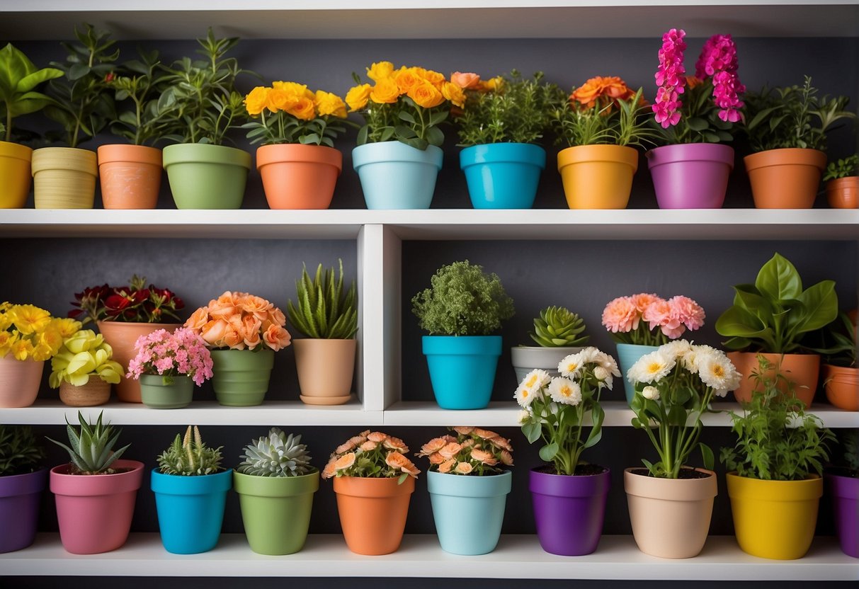 A hand reaches for a variety of flower pots displayed on a shelf, showcasing different sizes, shapes, and colors. The pots are arranged neatly, with vibrant flowers blooming from some of them, creating a lively and inviting scene