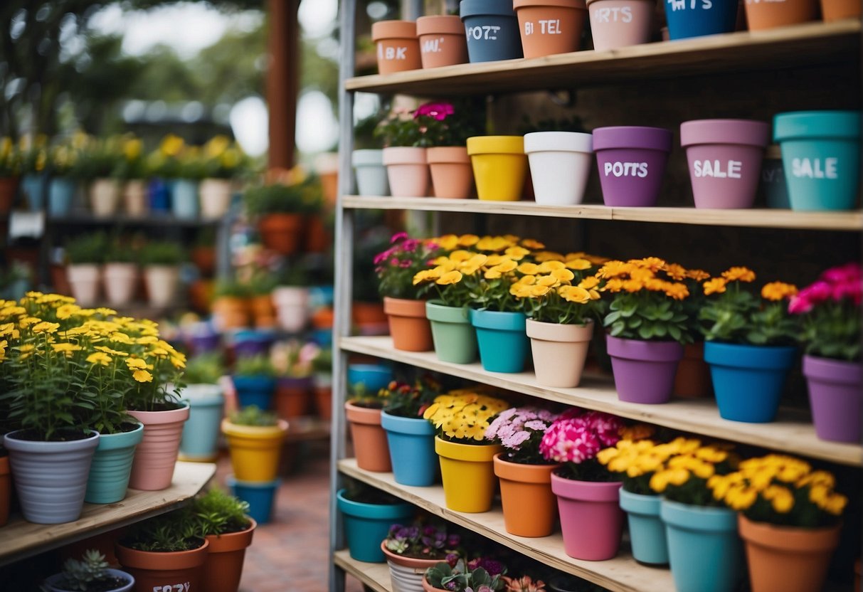 Colorful flower pots arranged on shelves, with various sizes and designs. A sign reads "flower pots for sale" in bold letters
