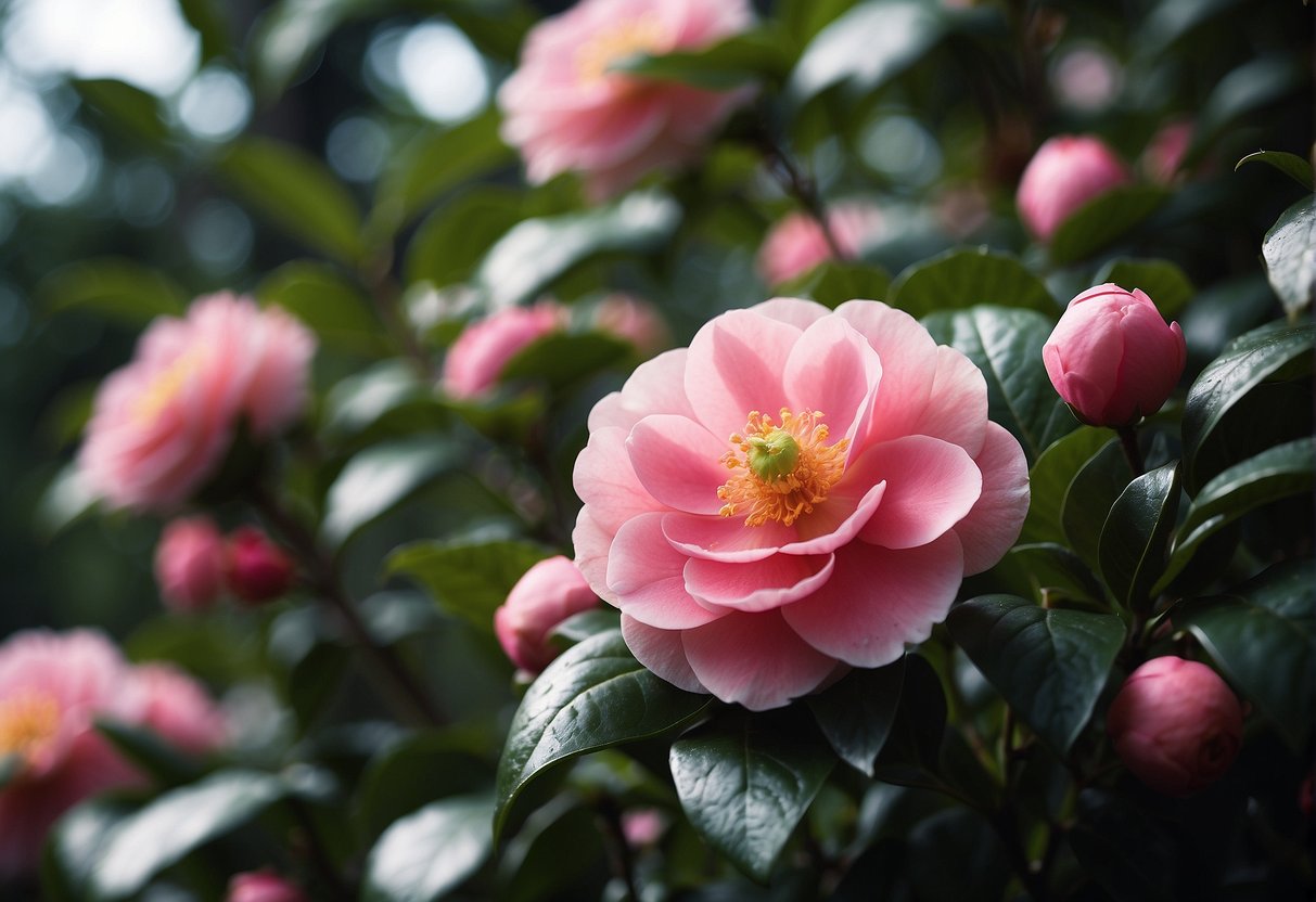 A vibrant camellia plant stands tall, with glossy green leaves and delicate pink flowers in full bloom
