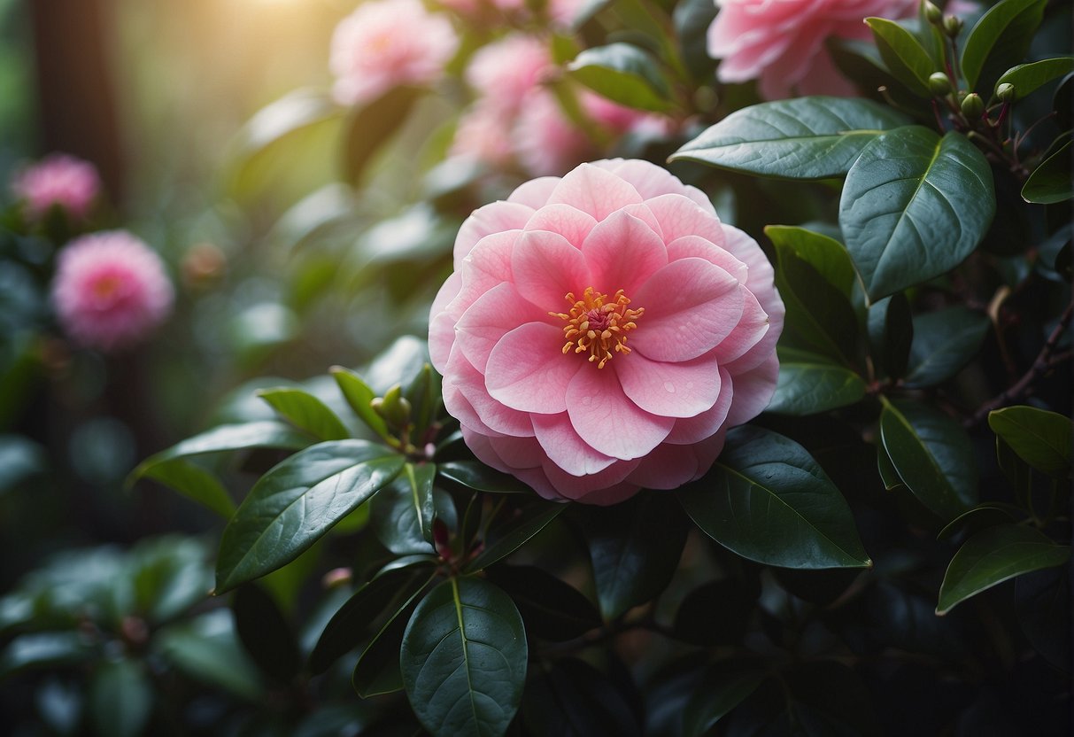A camellia plant blooms with vibrant pink flowers, surrounded by lush green leaves, in a well-tended garden
