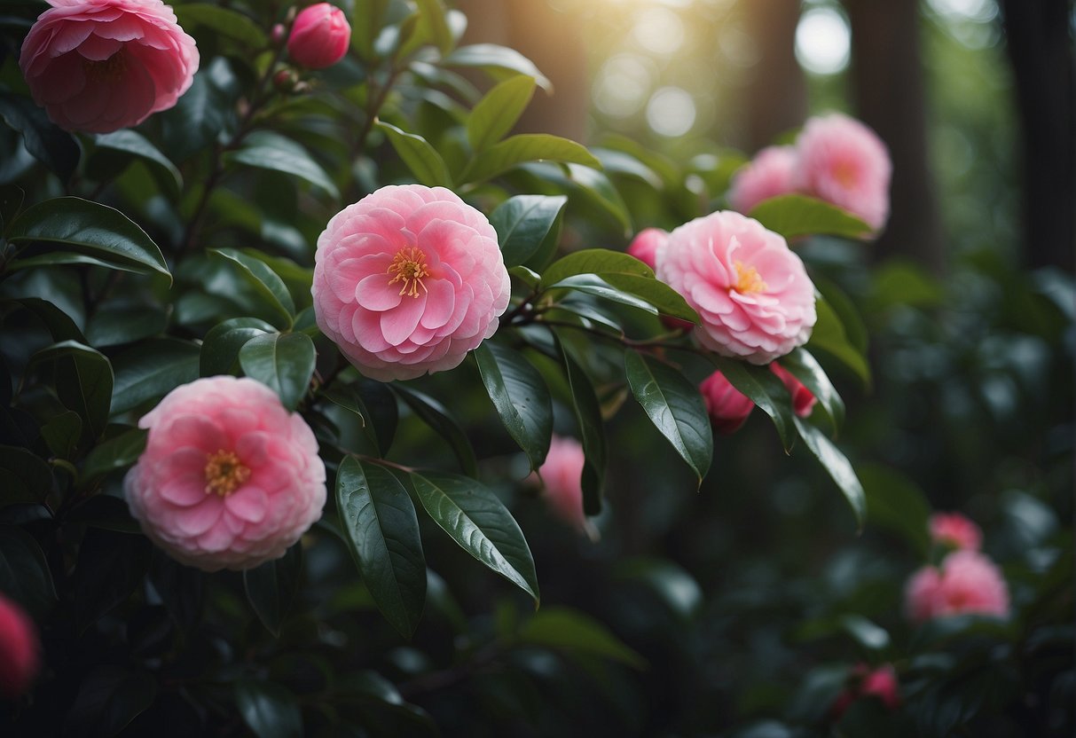 A lush landscape with a vibrant camellia plant in full bloom. The plant is the focal point, surrounded by green foliage and a peaceful natural setting