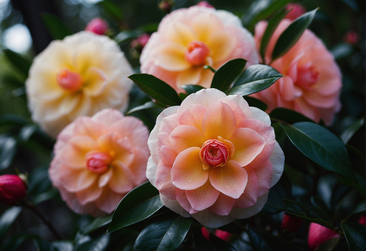 Vibrant camellia varieties bloom in an Australian garden, showcasing a range of colors and shapes. The delicate petals contrast against the glossy green leaves, creating a picturesque scene