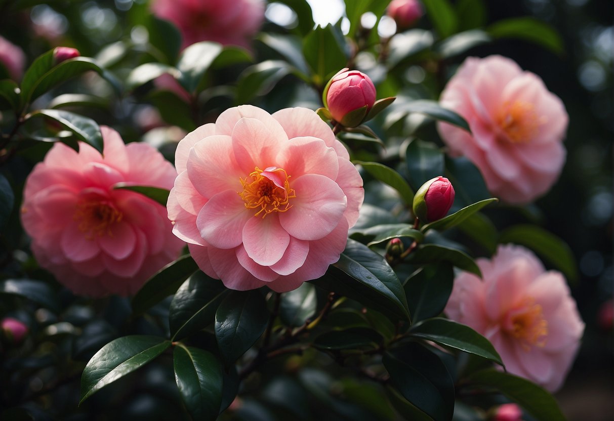 Vibrant camellias bloom in an Australian garden, showcasing a variety of colors and sizes, with lush green foliage providing a beautiful backdrop