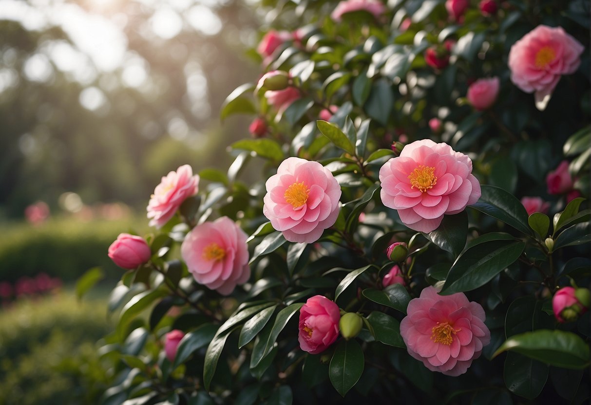 A vibrant garden filled with various Camellia varieties, showcasing their colorful blooms and lush green foliage against a backdrop of Australian landscapes