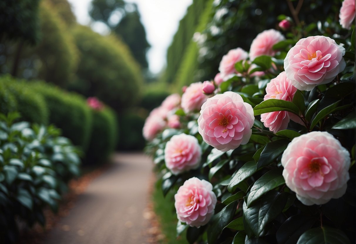 A lush camellia japonica hedge lines the garden path. Bright pink and white blooms contrast against deep green leaves