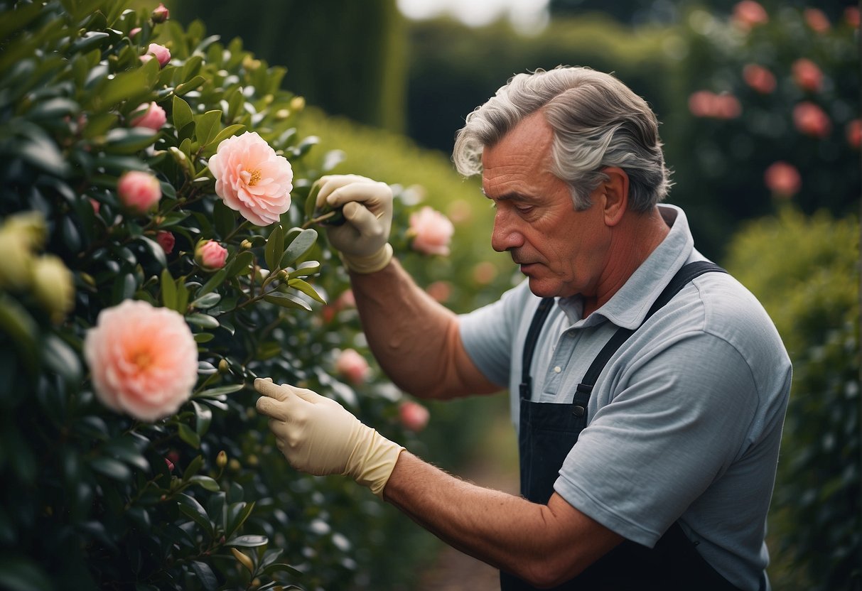 A gardener trims and feeds a lush camellia japonica hedge