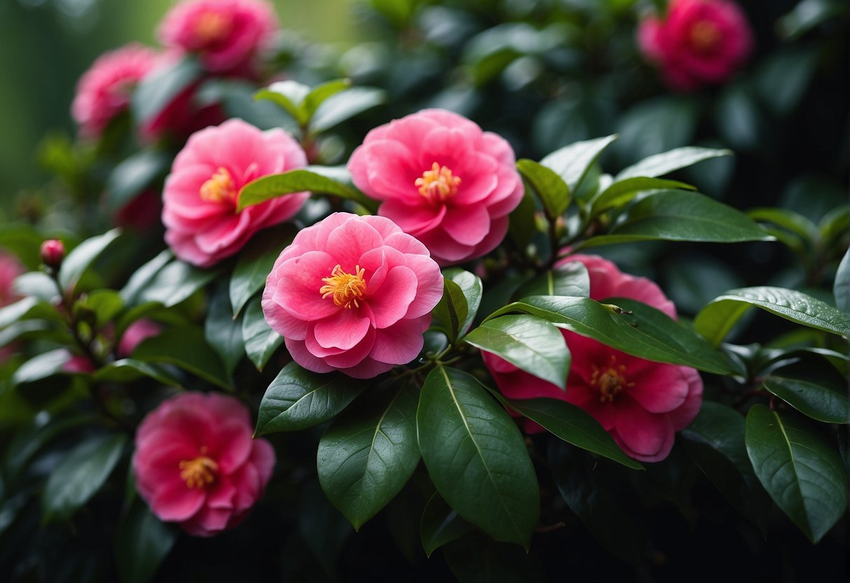 A lush camellia japonica hedge blooms in a garden, with vibrant pink and red flowers contrasting against the deep green foliage