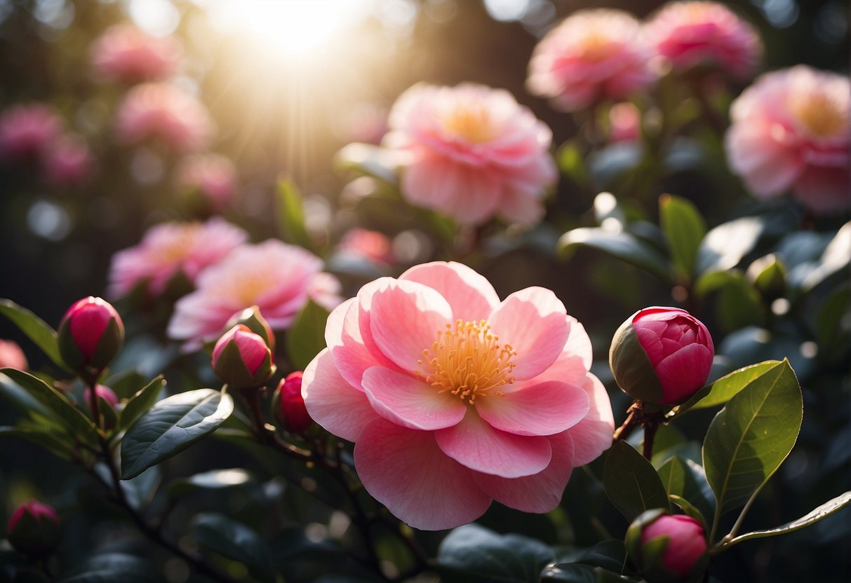 A bright, sunny garden with vibrant camellia flowers in full bloom, their petals open and facing the sun