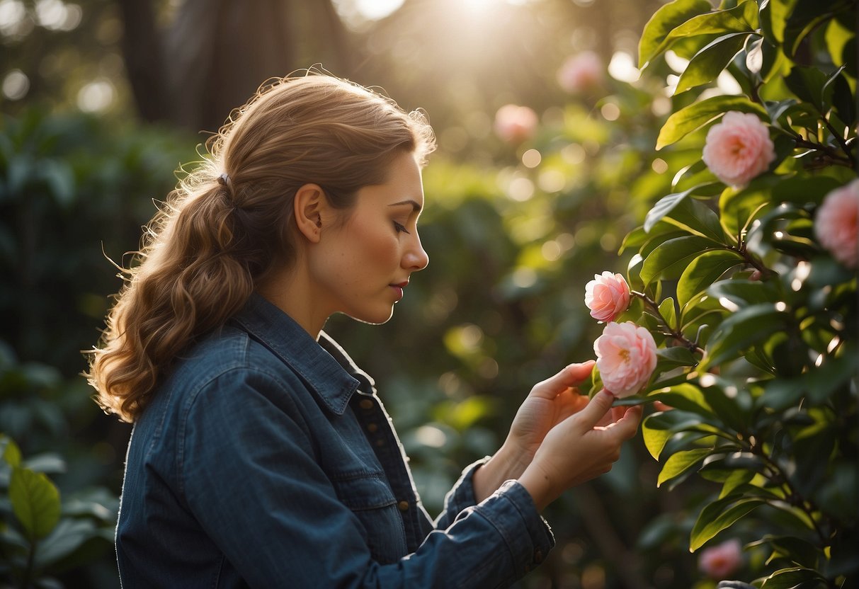 A person carefully examines different camellia varieties in a sunny garden, looking for the perfect one for full sun conditions