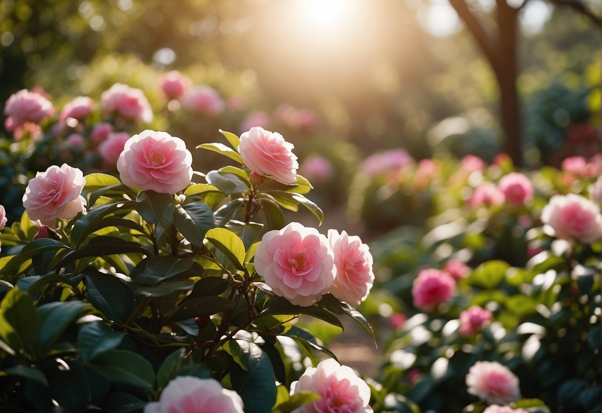 A bright, sunny garden with a variety of camellia plants thriving in the full sun. A planting guide is displayed nearby