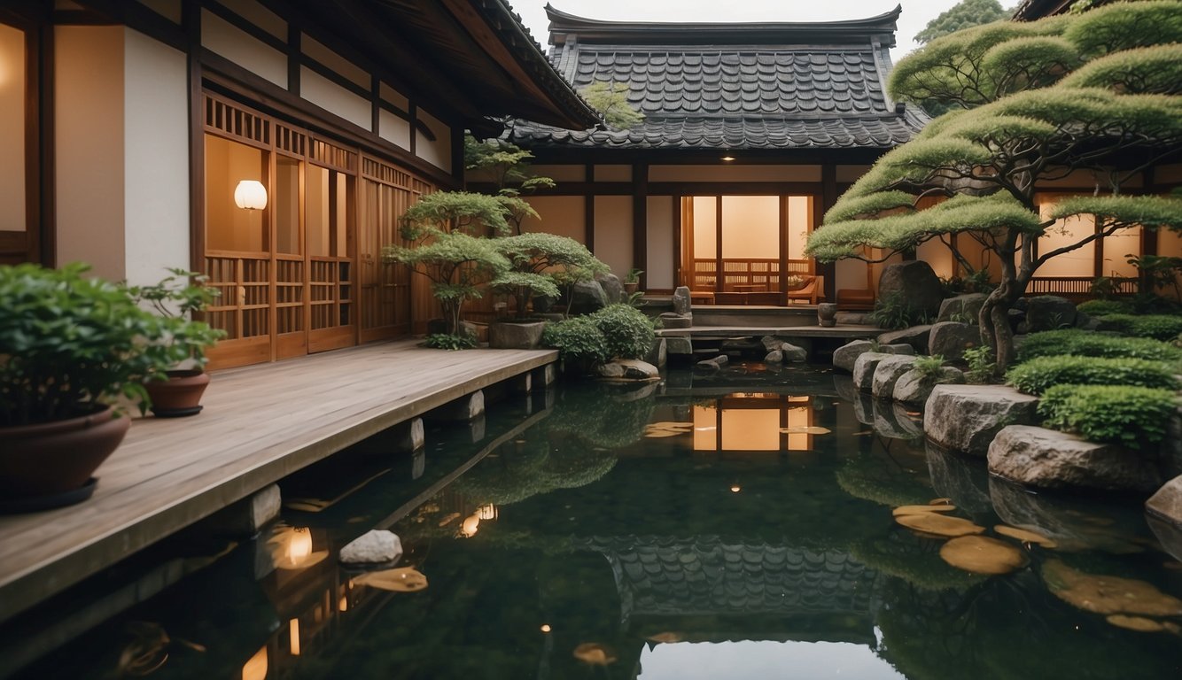 Osaka Spa: Relax and Rejuvenate in the Heart of Japan 2024! 3 A serene Osaka spa with traditional wooden architecture, surrounded by lush greenery and a tranquil koi pond