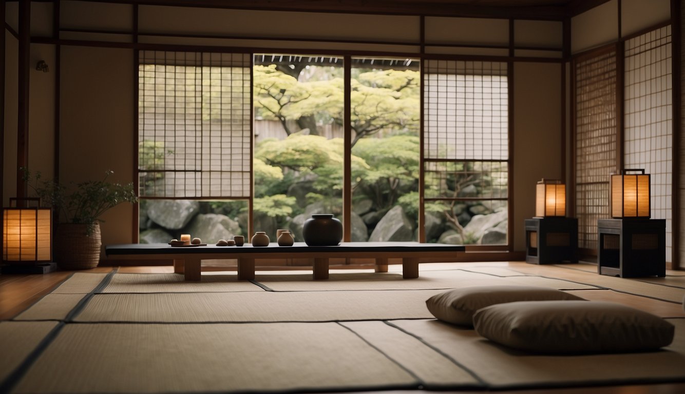 Osaka Spa: Relax and Rejuvenate in the Heart of Japan 2024! 4 A serene spa with traditional Japanese decor, tatami mats, and sliding shoji doors. Soft lighting and tranquil music create a peaceful atmosphere