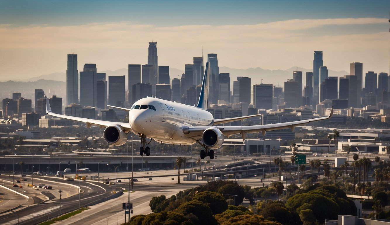 LAX to Osaka: Your Guide to an Exciting Adventure 2024! 2 A plane takes off from LAX with the city skyline in the background, heading towards Osaka