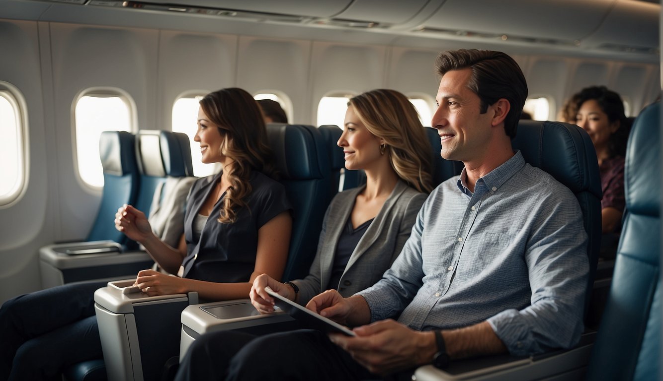 LAX to Osaka: Your Guide to an Exciting Adventure 2024! 6 Passengers enjoying in-flight entertainment, reclining seats, and attentive service on a flight from LAX to Osaka