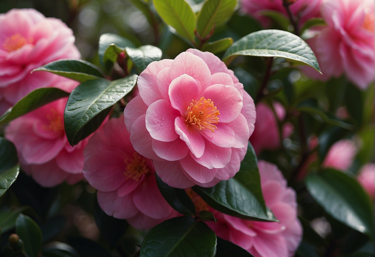 Bright pink camellia flowers form a dense, uniform hedge, creating a vibrant and picturesque boundary