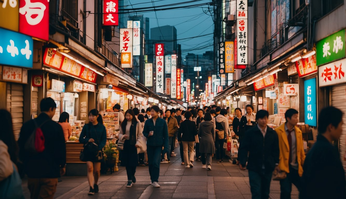 Busy street in Den Den Town, Osaka. Colorful shops line the road, with neon signs and bustling crowds. A mix of modern and traditional architecture