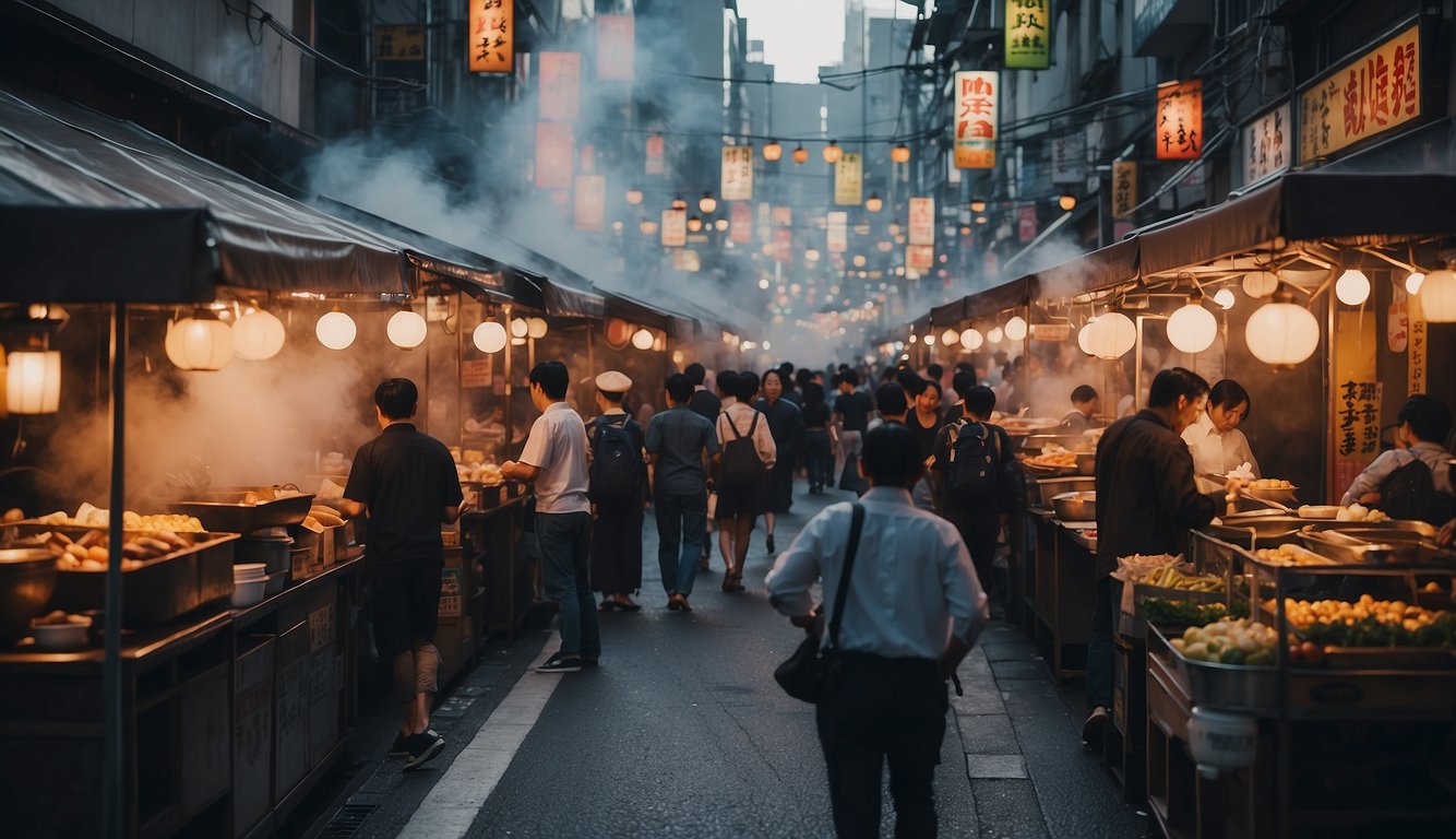 A bustling street in Den Den Town, Osaka, filled with colorful food stalls and aromatic smoke rising from sizzling grills