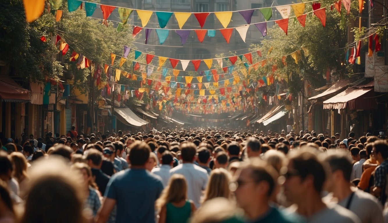 Crowds fill the streets of Den Den Town, colorful banners and decorations adorn the buildings, and the air is filled with the sounds of music and laughter