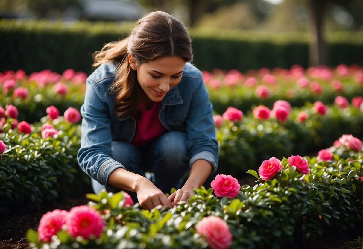 A person planting a row of camellia bushes to create a dense and colorful hedge