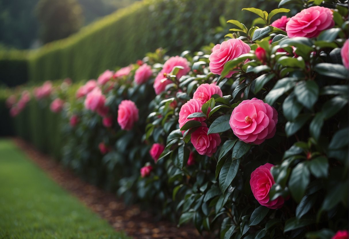A row of vibrant camellia bushes forms a lush, dense hedge, creating a beautiful and colorful boundary