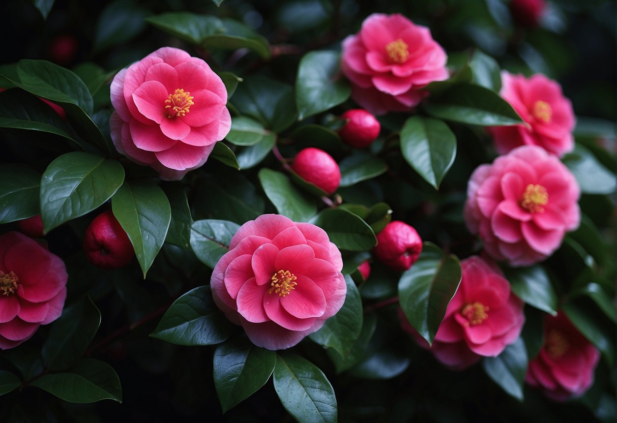 Lush green foliage surrounds a cluster of dwarf camellias in full bloom, their vibrant pink and red flowers creating a striking contrast against the dark green leaves