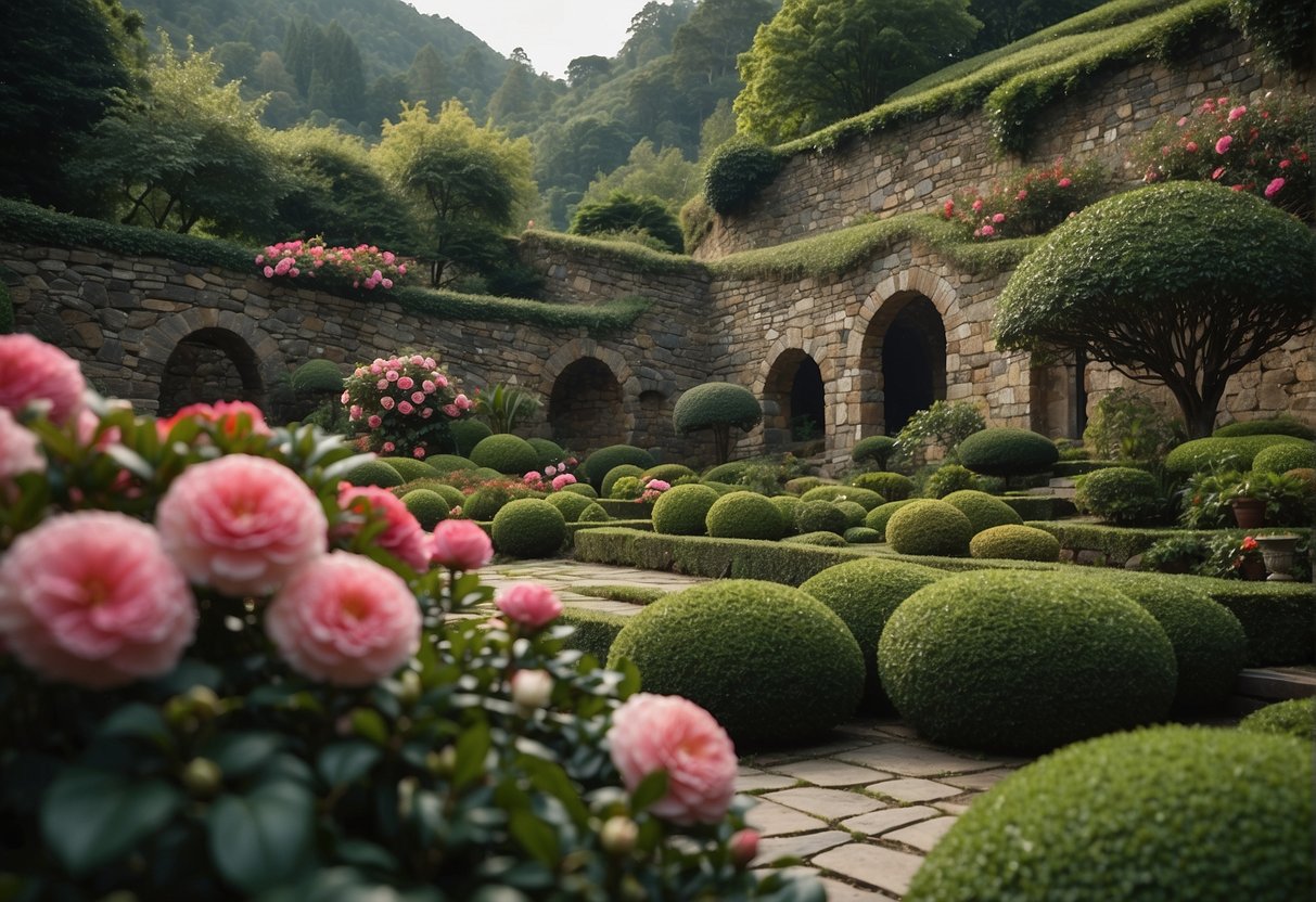 A lush garden bed with a variety of dwarf camellias in full bloom, surrounded by a backdrop of ancient, moss-covered stone walls