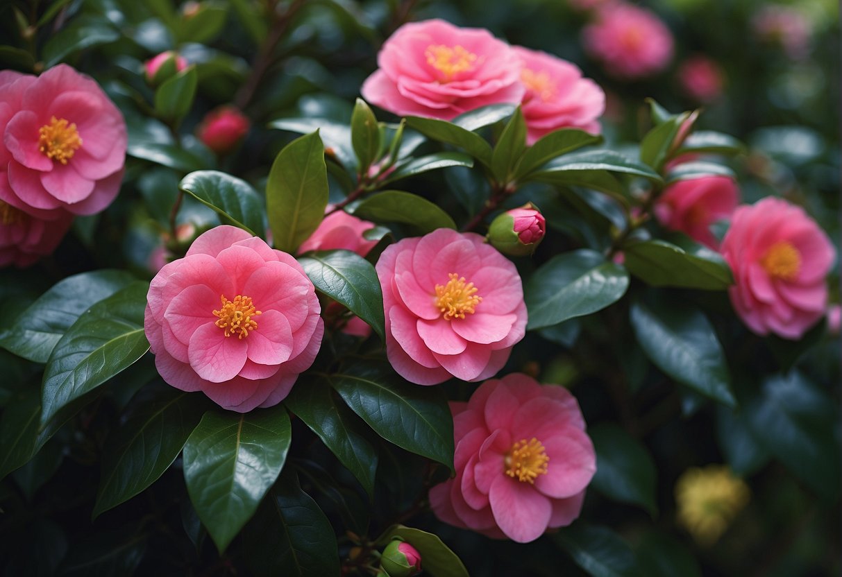 A garden filled with colorful varieties of dwarf camellias in full bloom. The small, vibrant flowers create a beautiful and enchanting scene