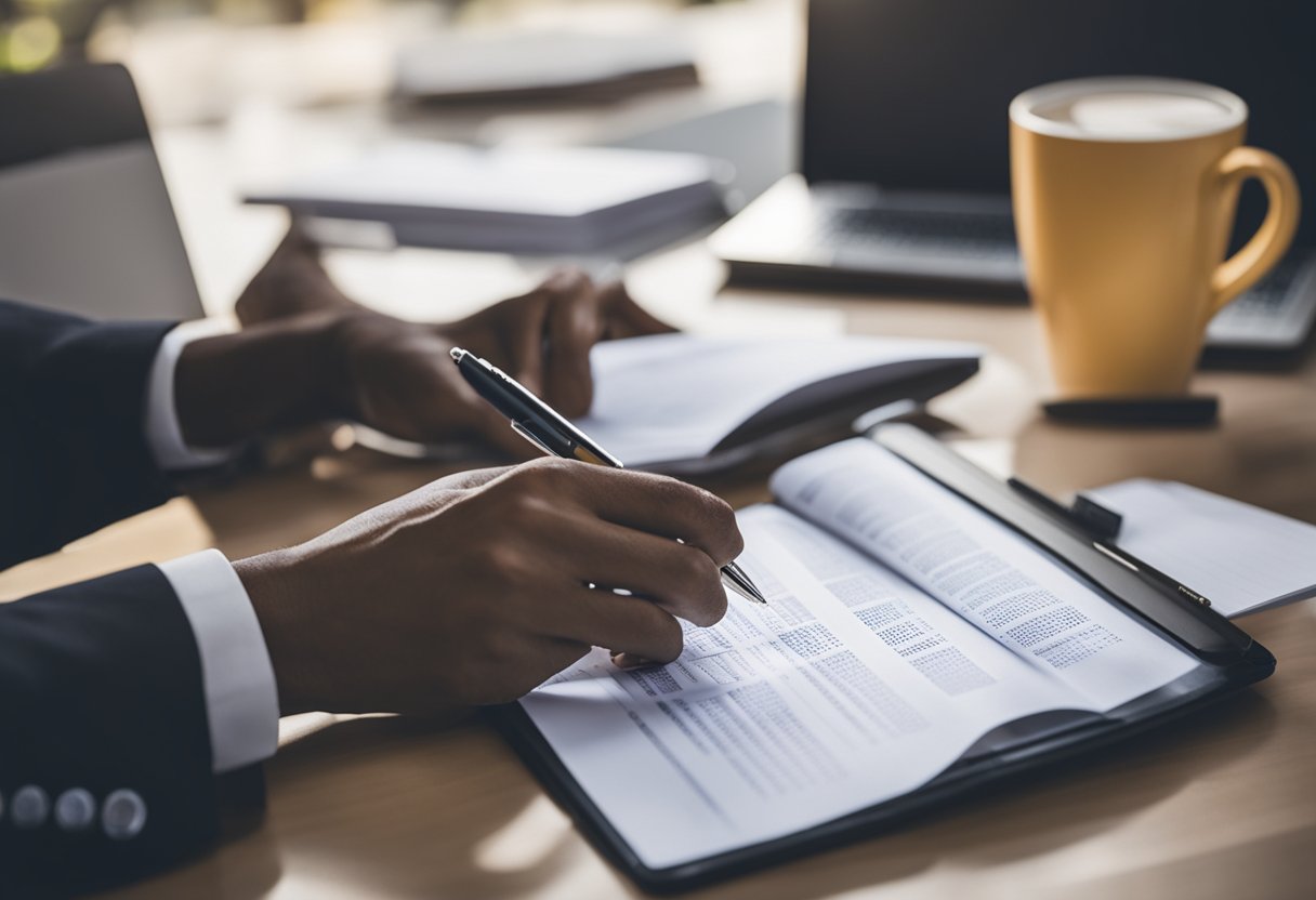 A person browsing through a list of SEBI registered brokers in India, with a laptop and a pen and paper nearby for note-taking