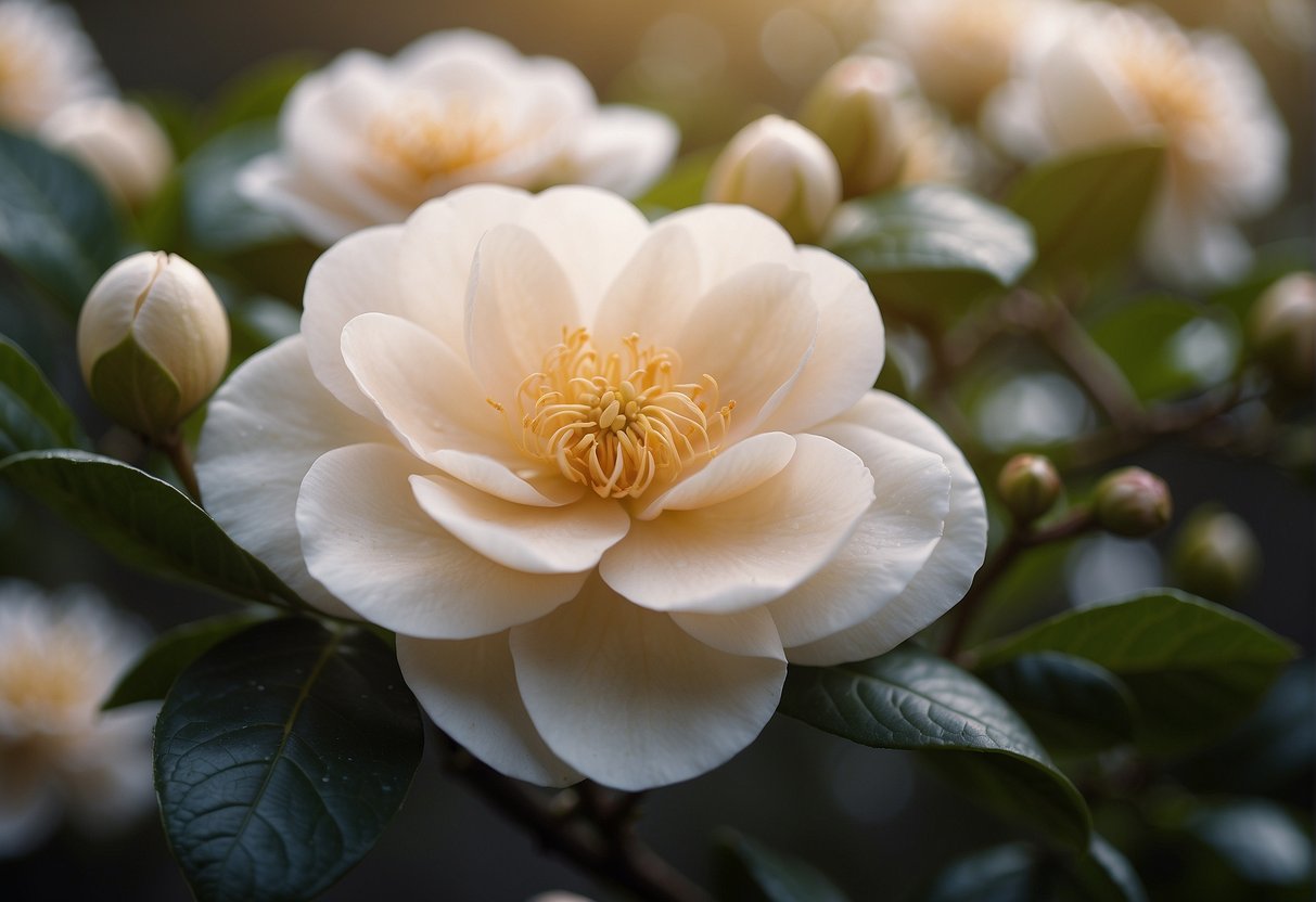 A garden filled with delicate champagne-colored camellia elegans blooms, their petals gently swaying in the breeze