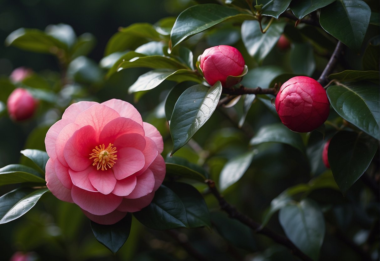 A vibrant great eastern camellia blooms against a backdrop of lush green foliage, its delicate petals unfurling to reveal a burst of rich, deep pink color