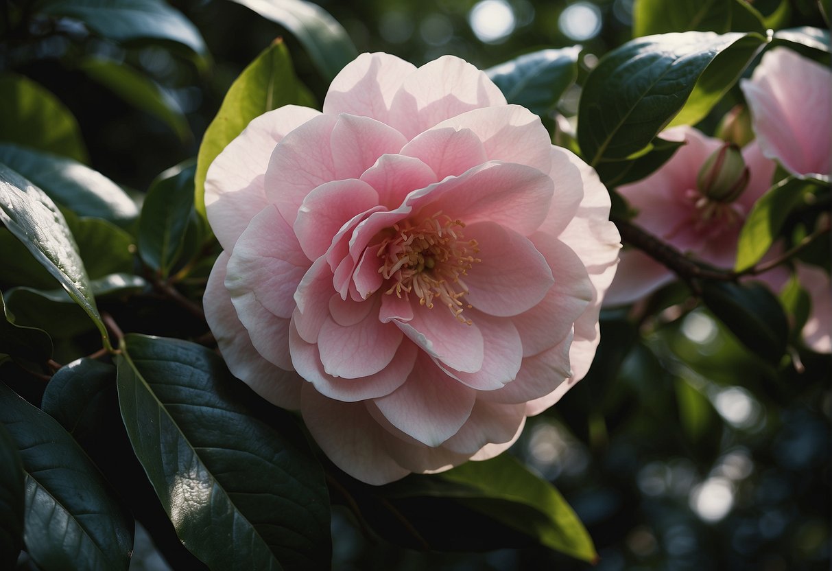 A mature Great Eastern Camellia blooms in a lush garden, surrounded by vibrant green leaves and dappled sunlight. Its large, delicate pink flowers stand out against the dark, glossy foliage, exuding an air of elegance and grace