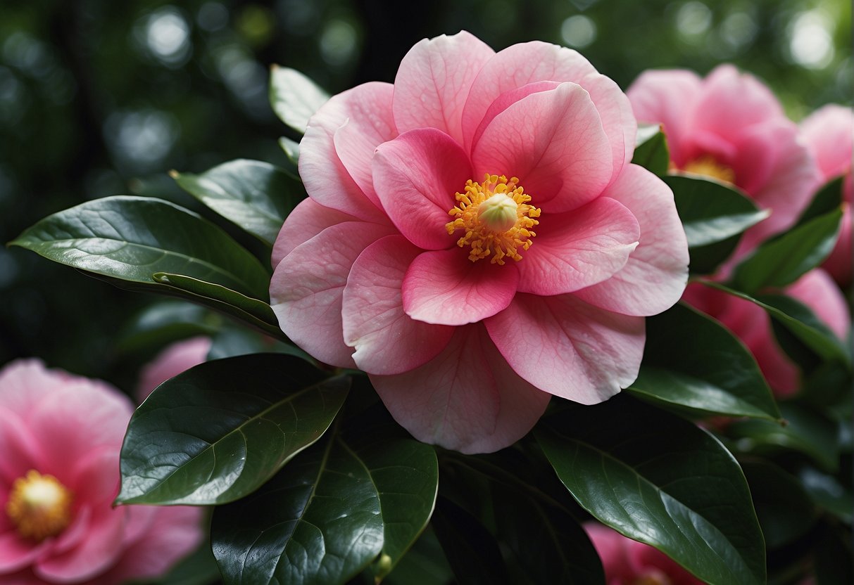 Vibrant, glossy leaves and large, showy flowers of the great eastern camellia in full bloom against a backdrop of lush, green foliage