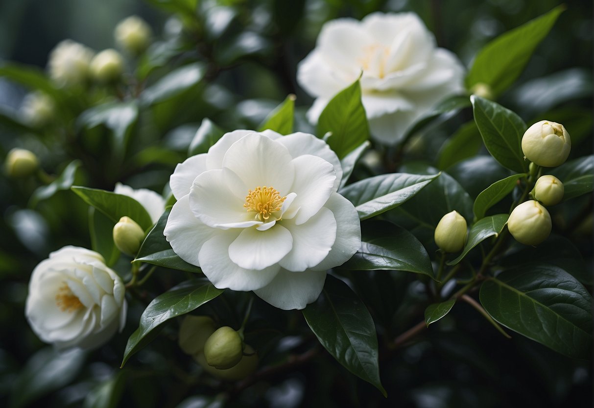 Vibrant white camelias bloom against lush green foliage