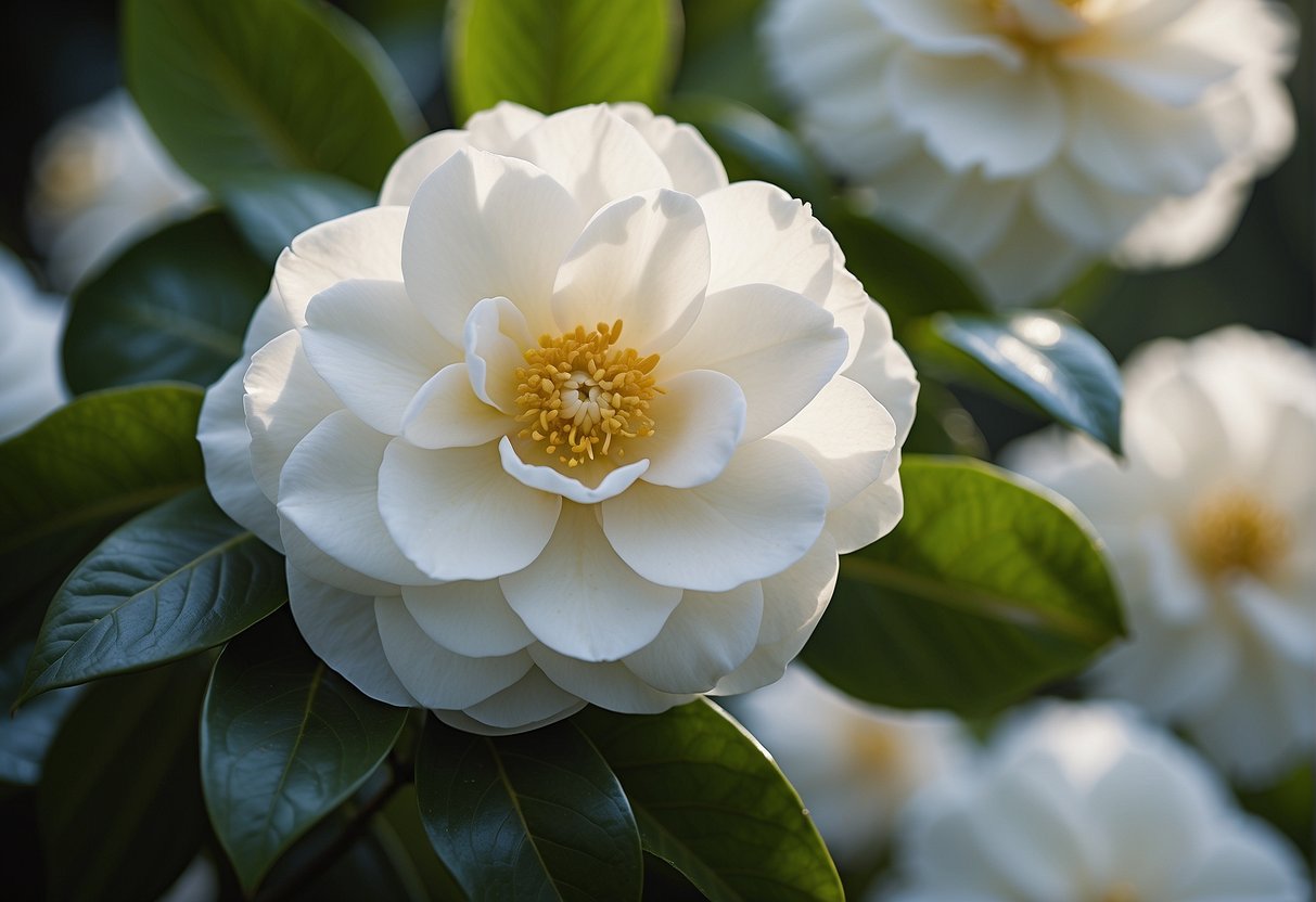 A close-up of white camellias in full bloom, with delicate petals and vibrant green leaves, set against a soft, blurred background