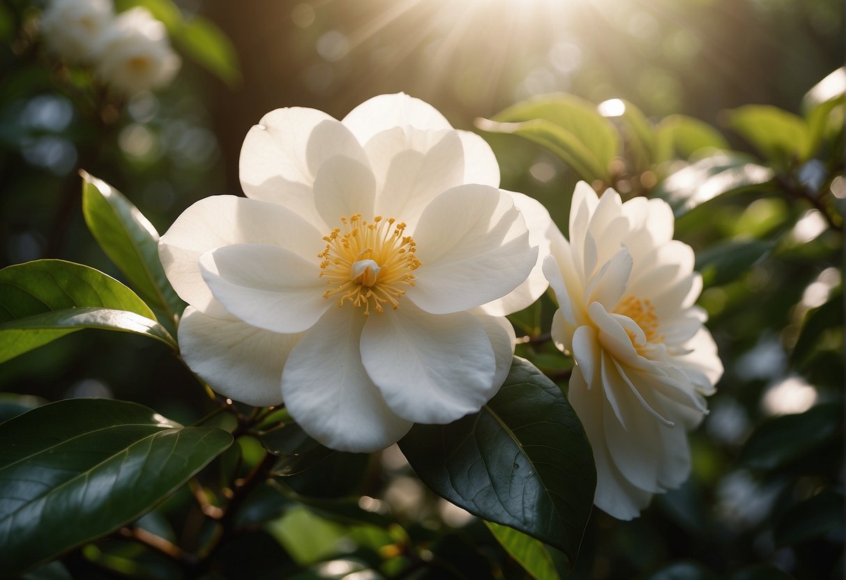 White camellias in full bloom, their delicate petals cascading gracefully, surrounded by lush green leaves and bathed in soft, golden sunlight