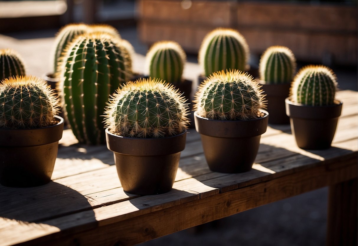 A cluster of barrel cacti displayed on a wooden table at a desert plant market. The sunlight casts long shadows, highlighting the spiky texture of the cacti